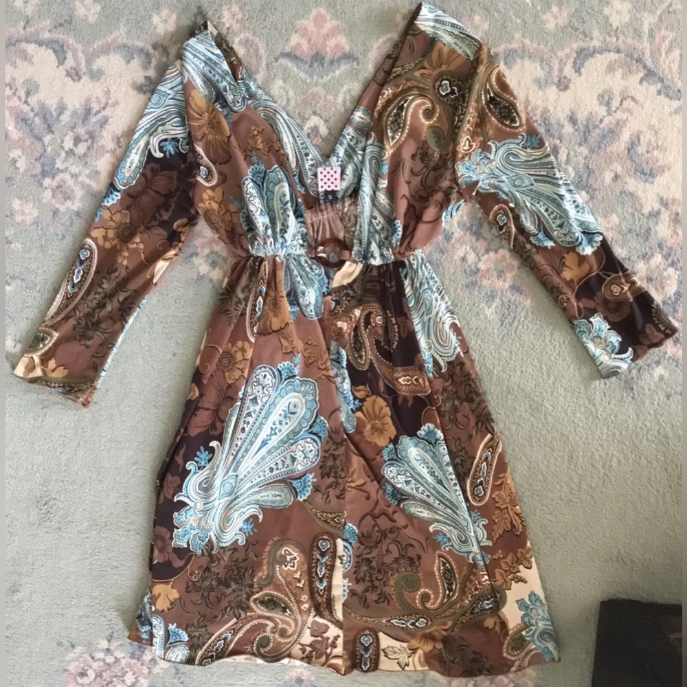 PINK POLKA DOT POLKADOT brown blue paisley 3/4 sleeve mini short dress small S 2